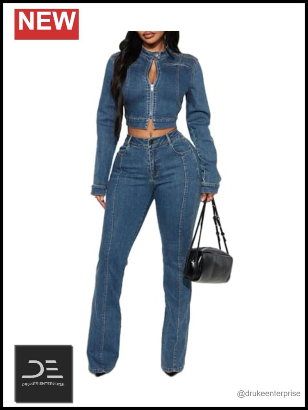 Women's Denim Pant Set Y2K Cowgirl Outfit Zip Up Crop Top Long Sleeve